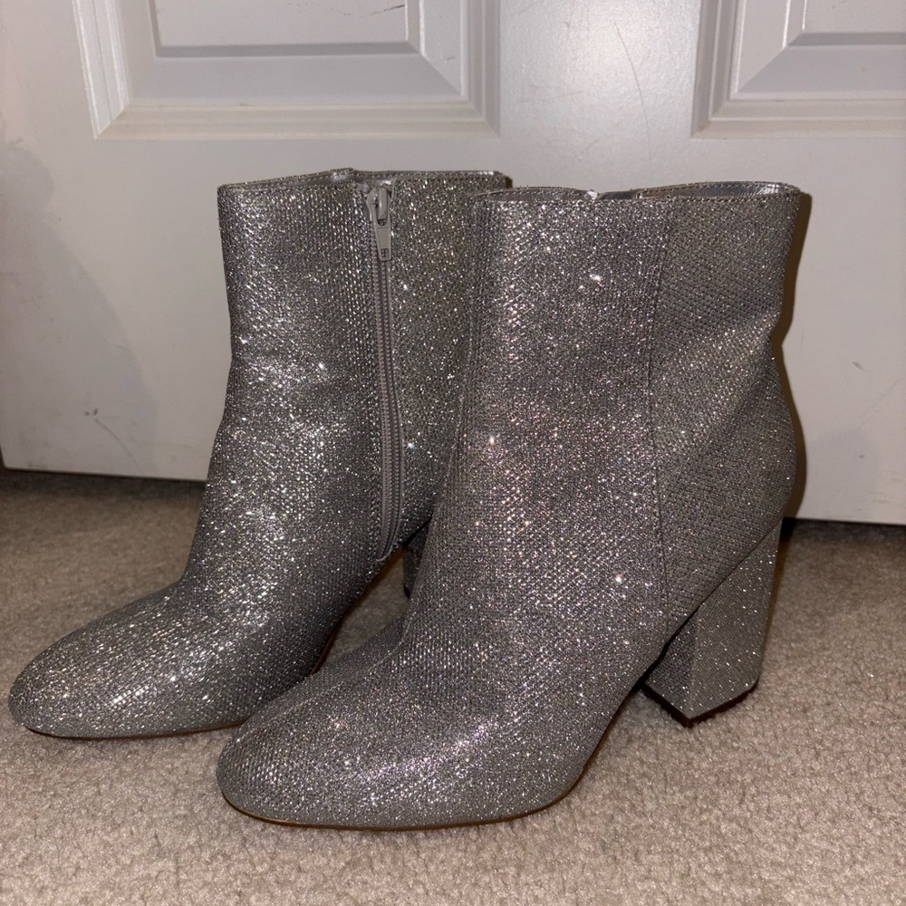 Madden girl Silver Glitter Ankle Booties with Block Heel